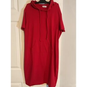MISSKY Red Hooded T-Shirt Dress Short‎ Sleeve Kangaroo Pocket Cotton Blend 3XL